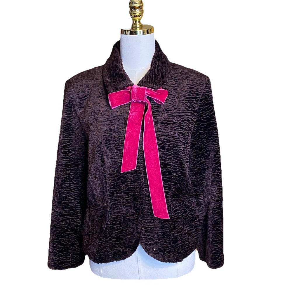 Nanette Lepore Jacket Brown Persian Faux Lamb Fur Size 10 Pink Ribbon Tie